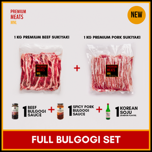 Full Bulgogi Set: Pork Sukiyaki, Beef Sukiyaki, Pork and Beef Bulgogi Sauce, Soju