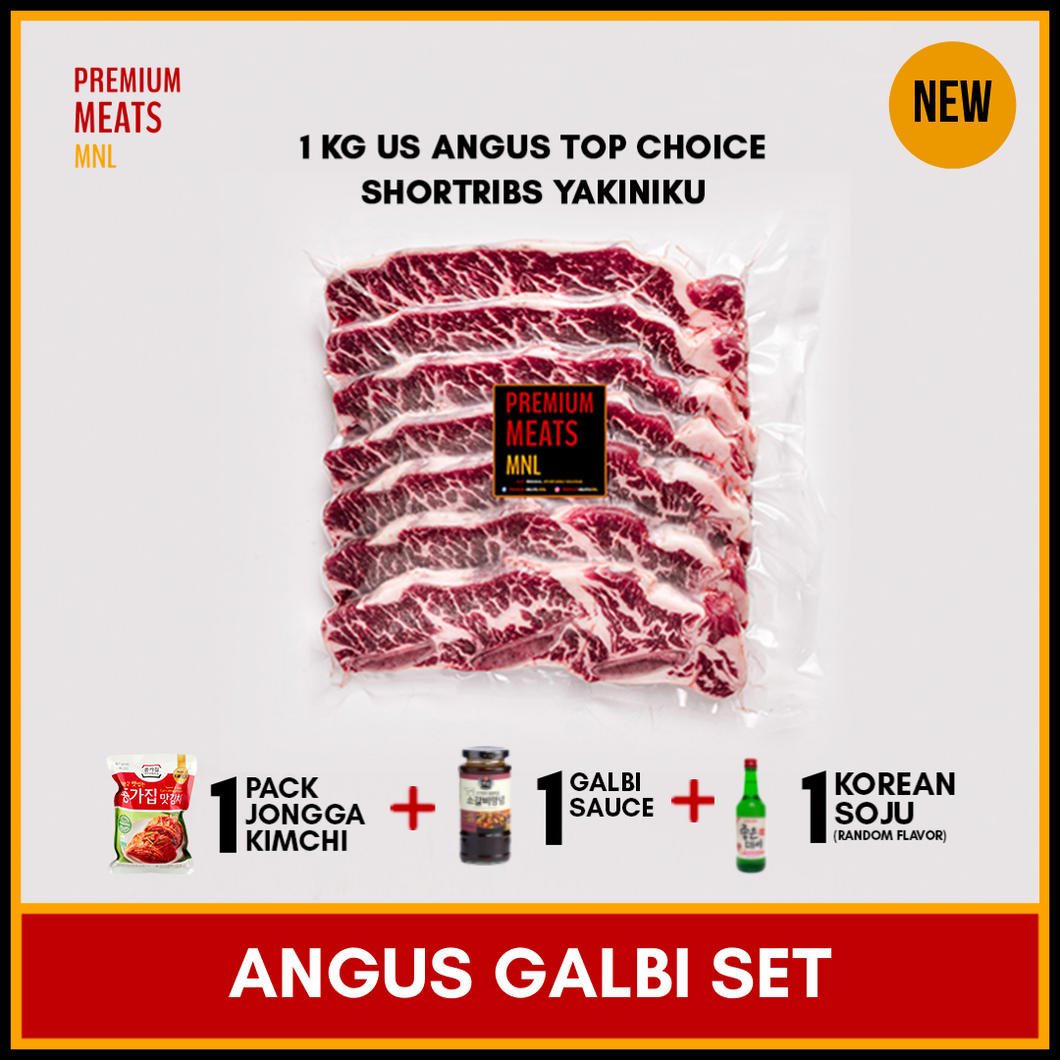 Angus Galbi Set: US Angus Top Choice Shortribs Yakiniku + Galbi Sauce + Kimchi + Soju