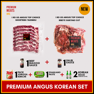 Premium Angus Korean Set: US Angus Top Choice Shortribs Yakiniku + US Angus Top Choice Ribeye Sukiyaki + Beef Bulgogi Sauce + Galbi Sauce + Kimchi + Soju (x2)