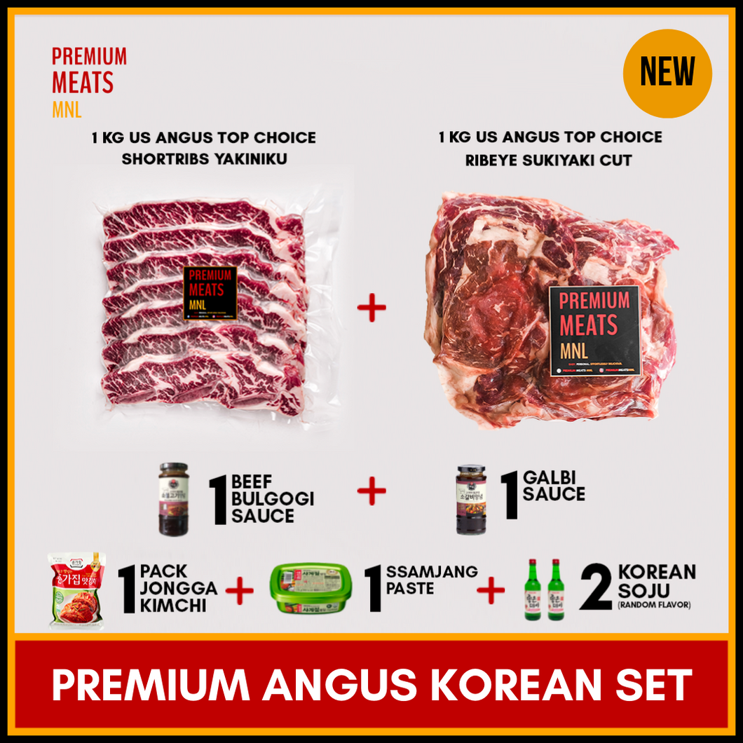 Premium Angus Korean Set: US Angus Top Choice Shortribs Yakiniku + US Angus Top Choice Ribeye Sukiyaki + Beef Bulgogi Sauce + Galbi Sauce + Kimchi + Soju (x2)