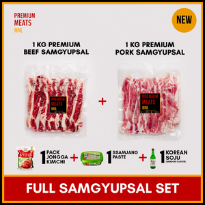 Full Samgyupsal Set: Pork Samgyupsal + Beef Samgyupsal + Samjang + Kimchi + Soju